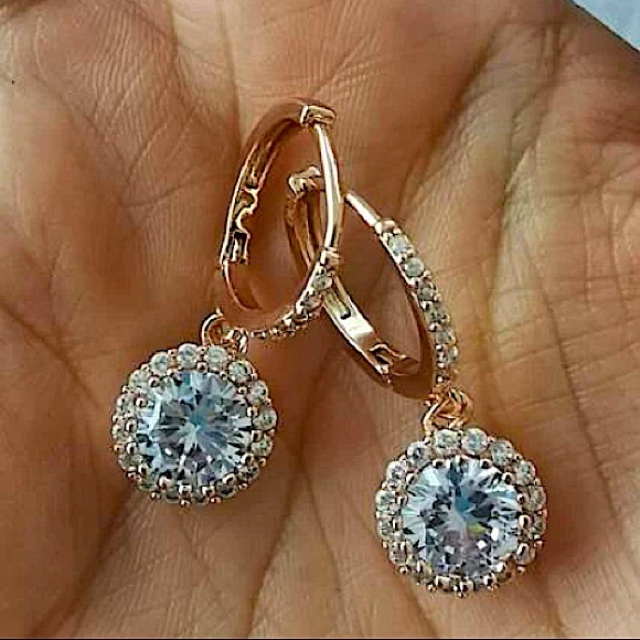 Gold 18K GP Diamond Round Drop Dangle Earrings - Picture 2 of 4